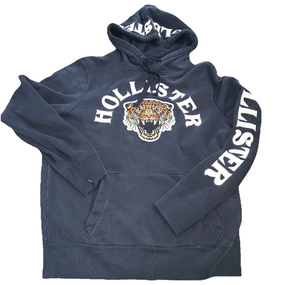 Hollister Hoodie Mens Small Black Tiger Graphic Logo Pullover Sweatshirt - Picture 2 of 7